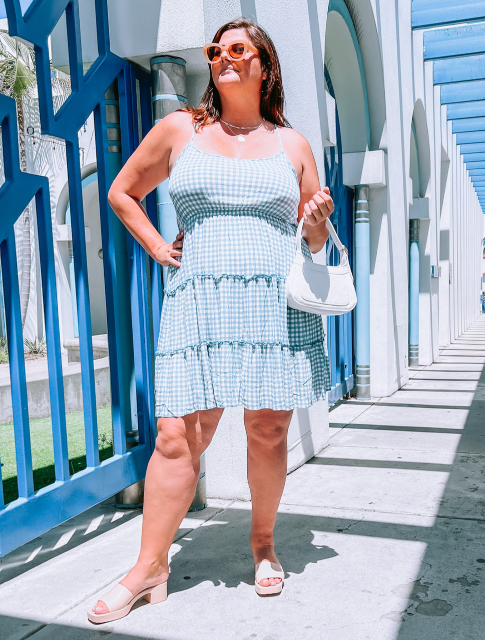 Plus Size Blue & White Spaghetti Strap Criss-Cross Back Tiered Gingham