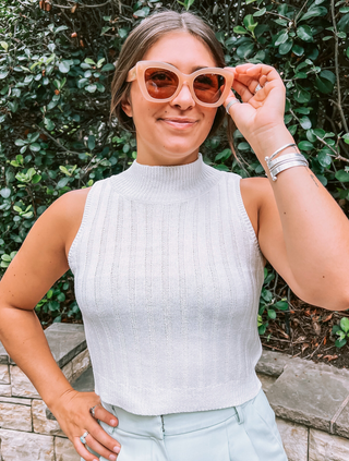 Ivory Ribbed Mock Neck Knit Sleeveless Top