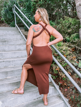 Cocoa Brown Form Fitted Criss-Cross Back Dress