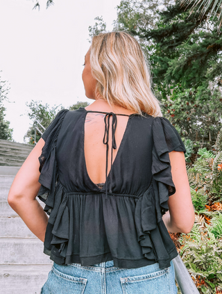 Ruffle Black Crop Top V-Neck Short Sleeve Top