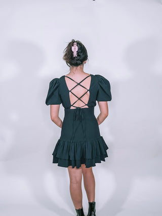 Black Smocked Bodice with Puffy Sleeves Mini Dress