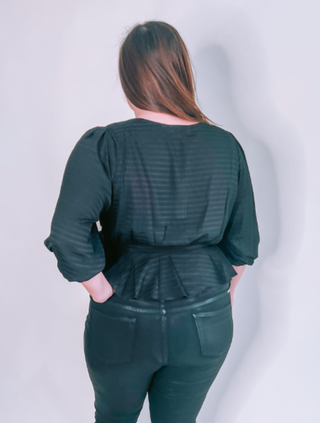 Plus Size Black 3/4 Sleeve Surplice Peplum Blouse