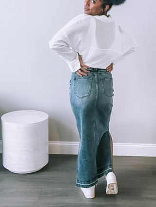 Medium Wash Side Slit Maxi Jean Skirt