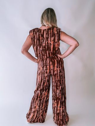 Printed Plum Set with Sleeveless Top and Wide Leg Elastic Waist