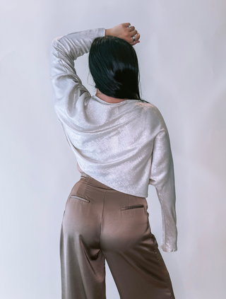 Cream Crew Neck Long Sleeve Shimmer Crop Blouse