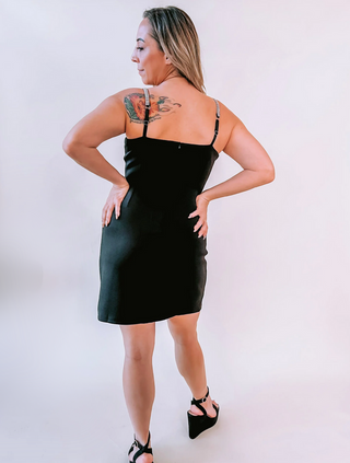 Black Satin Mini Dress with Rhinestone Strap