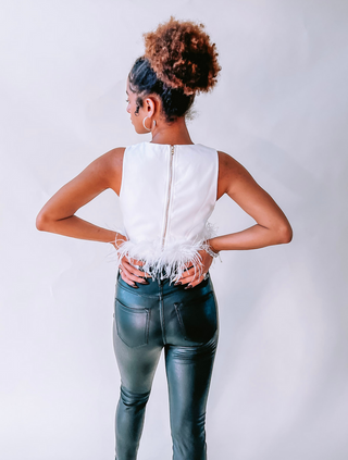 Satin White Sleeveless Crop Top with Feather Trim