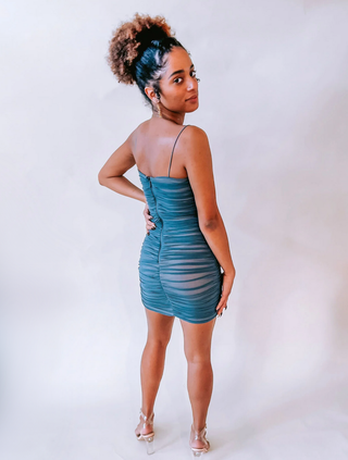 Slate Blue Ruched Mesh Corset Mini Dress