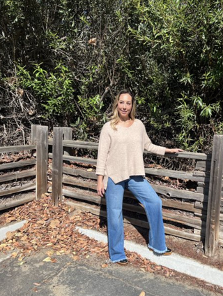 Sandstone Oversized V-Neck Cuffed Sleeve Sweater