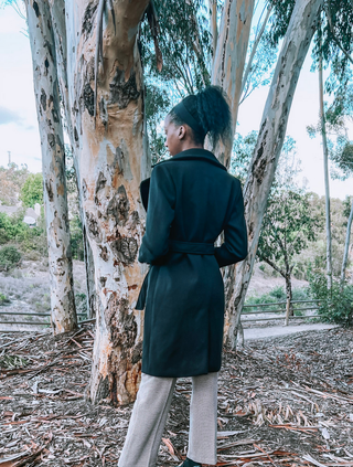 Black Winter Coat with Button Front and Tie Belt