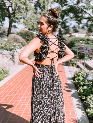 Floral Print Cutout Maxi Dress with Ruffle Straps