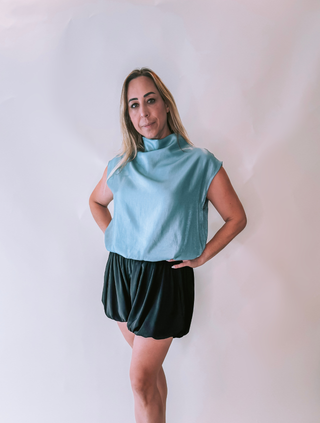 Slate Blue Sleeveless Balloon Top with High Collar