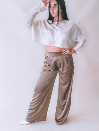 Mocha Pleated High-Waisted Wide Pant