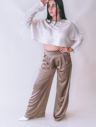 Mocha Pleated High-Waisted Wide Pant
