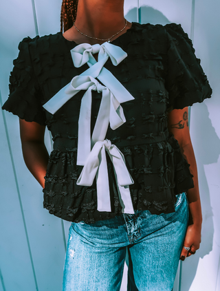 Black Bubble Blouse with Textured Fabric and Contrast Bows