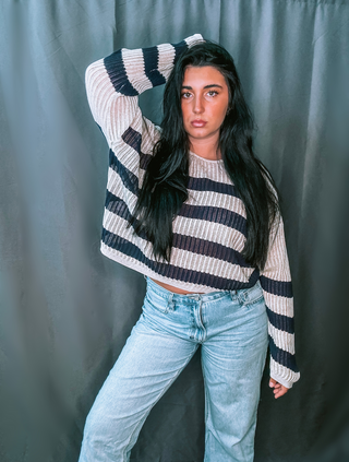 Natural & Navy Striped Knit Sweater