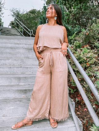 Tan Linen Cropped Top and Frayed Wide Leg  Pant Set