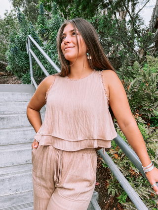 Tan Linen Cropped Top and Frayed Wide Leg  Pant Set
