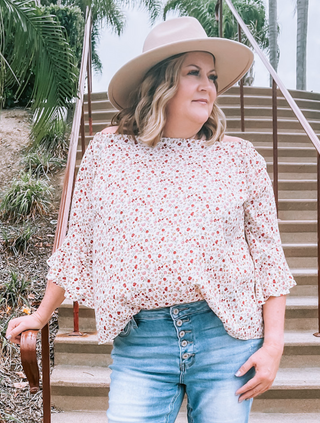 Plus Size Floral Off the Shoulder 3/4 Length Sleeve Blouse