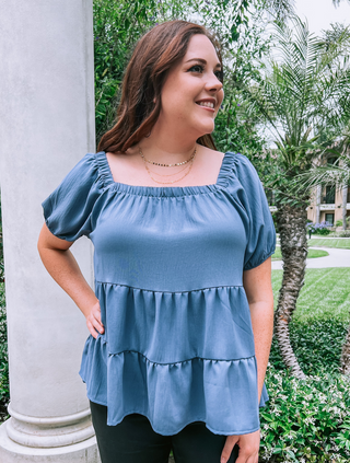 Plus Size Navy Square Neck Tiered Blouse