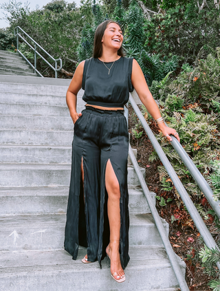 Black Satin Crop Top and High Slit Wide Leg Pant 2 Piece Set