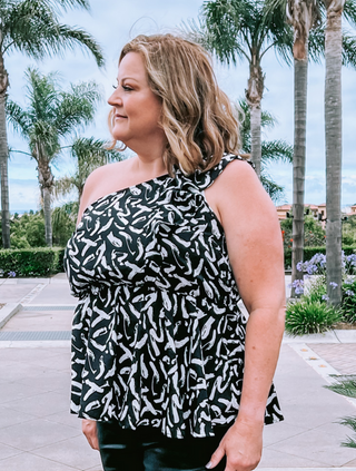 ON SALE- Plus Size Black & White One Shoulder Ruffle Blouse