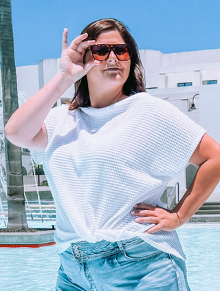 Plus Size Knit White Boat Neck Twist Top