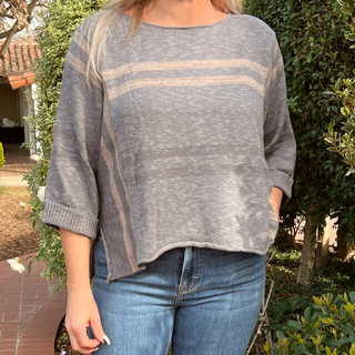 Knit Oversized Blue Slate Boat Neck Short Sleeve Sweater