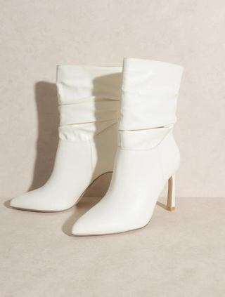 The Kali - White Slouch Boots with Slim Heel