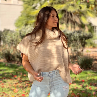 Beige Ribbed Cowl Neck Short Sleeve Sweater