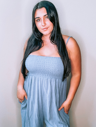 Denim Blue Smocked Linen Wide Leg Jumpsuit