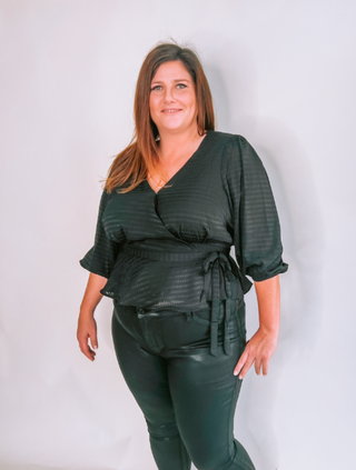 Plus Size Black 3/4 Sleeve Surplice Peplum Blouse