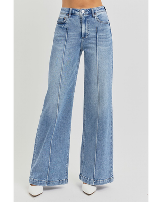 High Waisted Wide Leg Pintuck Medium Washed Jean (Available in Plus Sizes)