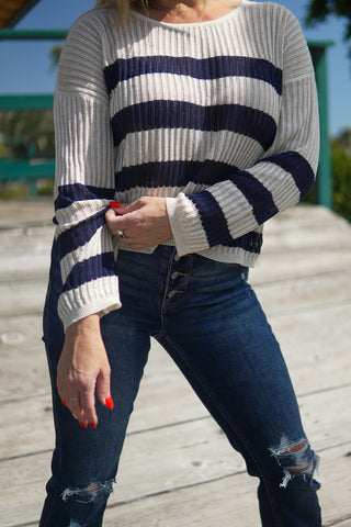 Natural & Navy Striped Knit Sweater