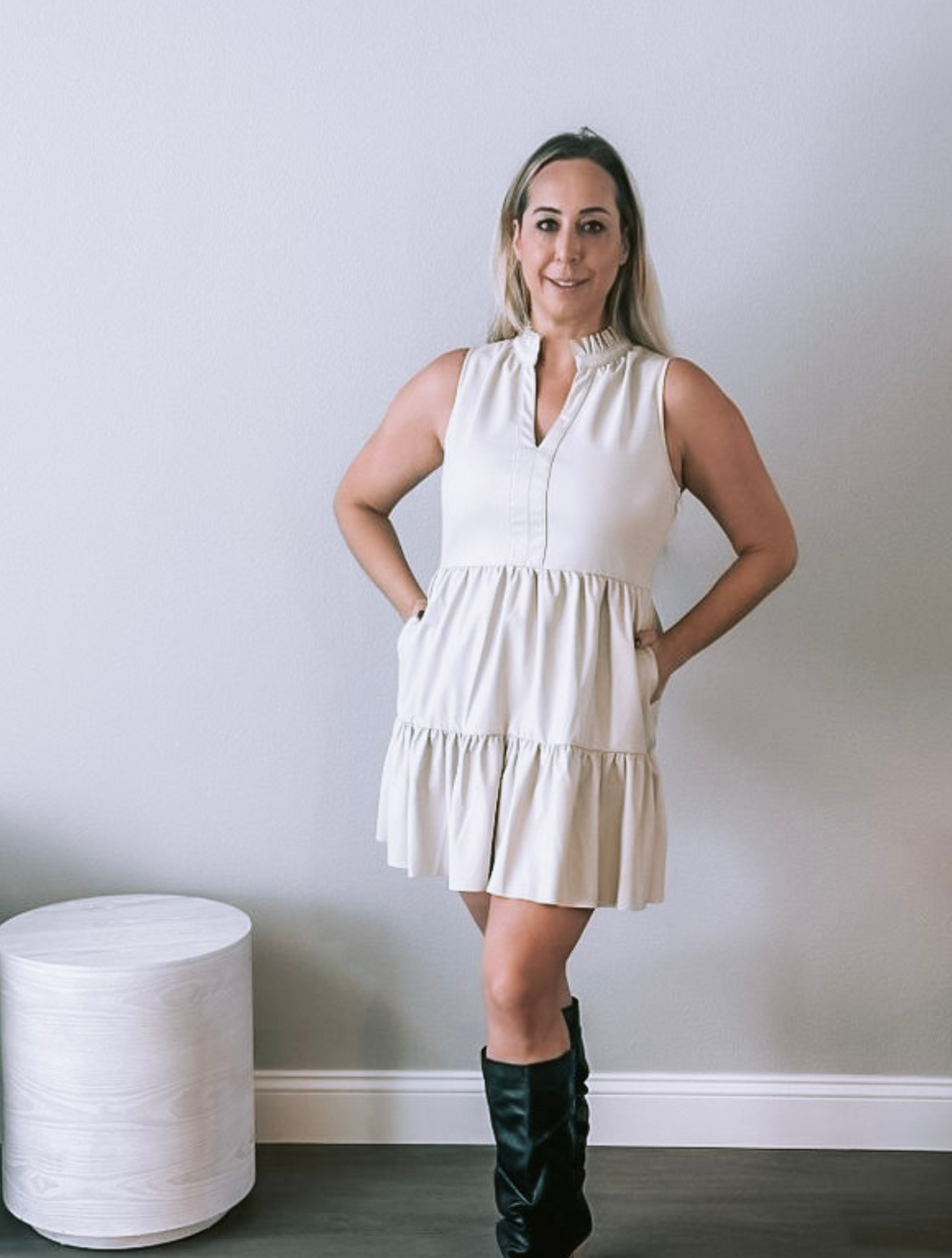Cream Faux Leather Sleeveless Ruffle Dress Goujee Boutique Cream Faux Leather Sleeveless Ruffle Dress Goujee Boutique