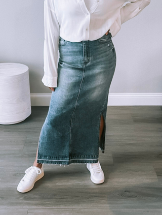 Medium Wash Side Slit Maxi Jean Skirt