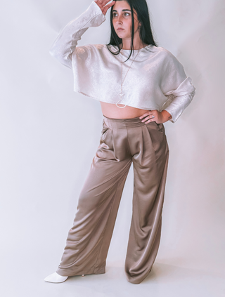 Mocha Pleated High-Waisted Wide Pant