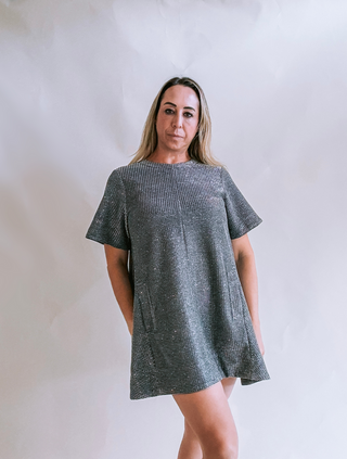 Silver Lurex Round Neck A-Line Mini Dress