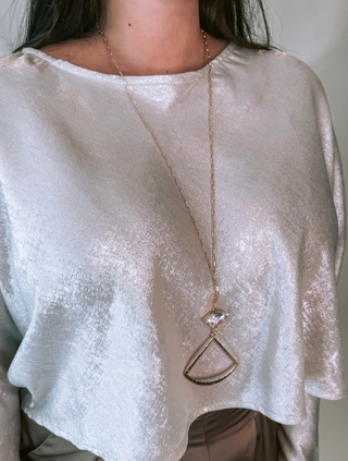 Clear Crystal Fan Shaped Pendant Gold Necklace and Stud Earrings Set