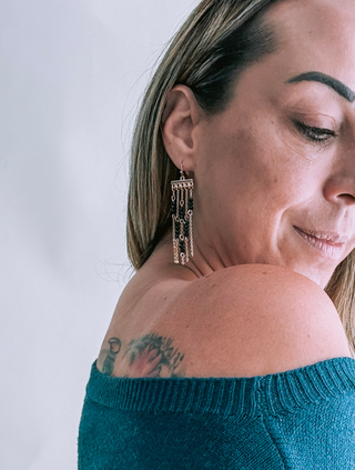 Gold Chain and Black Crystal Tassel Earrings