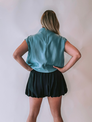 Slate Blue Sleeveless Balloon Top with High Collar