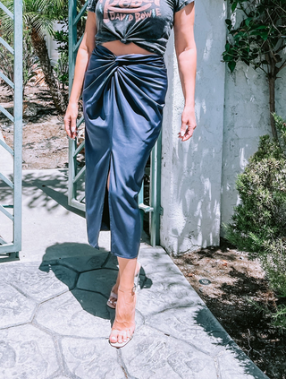 ON SALE- Washed Navy Twist Waist Midi Skirt