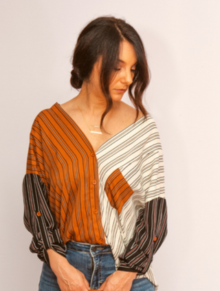ON SALE- Striped Camel and Cream Color Block Blouse