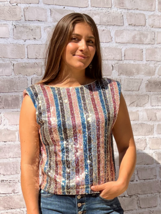 ON SALE- Grey Blush Striped Sequin Shoulder Pad Sleeveless Top
