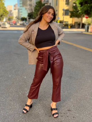 ON SALE- Burgundy Faux Leather Belted Ankle High Pants