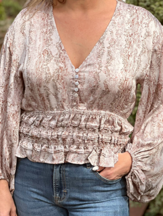 ON SALE- Mauve Python Print Waist Smocked Top