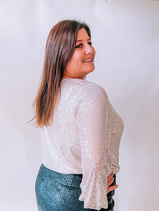 Plus Size Champagne Sequin Long-Sleeve Bodysuit