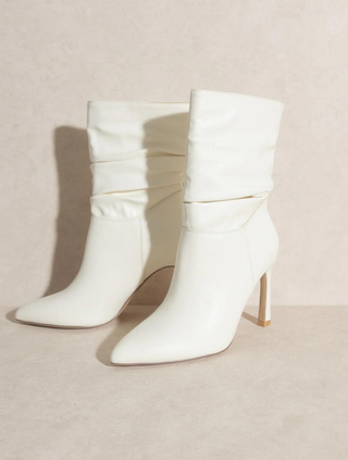 The Kali - White Slouch Boots with Slim Heel