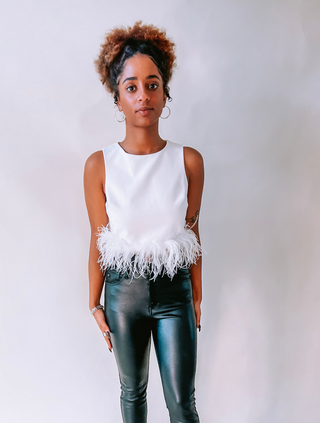 Satin White Sleeveless Crop Top with Feather Trim