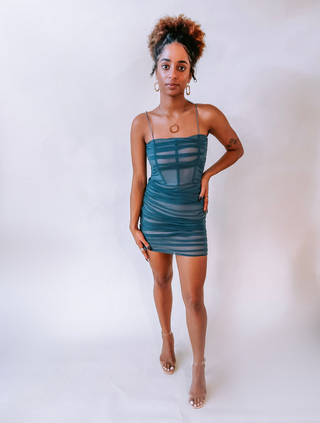 Slate Blue Ruched Mesh Corset Mini Dress